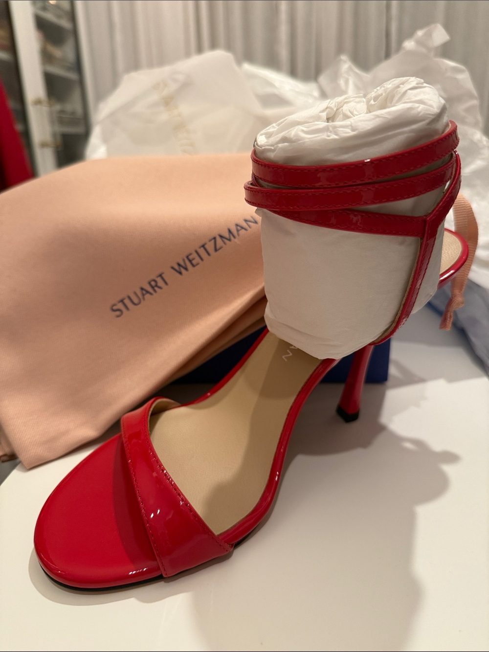 Stuart Weitzman Glossy Red Ankle-Strap Stiletto